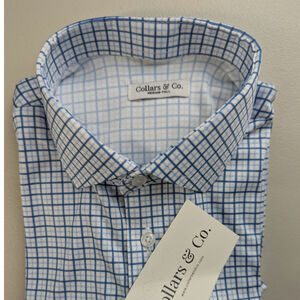 Collars & Co Dress Collar Polo Shirt Golf White Plaid Preppy Medium Tall NWT